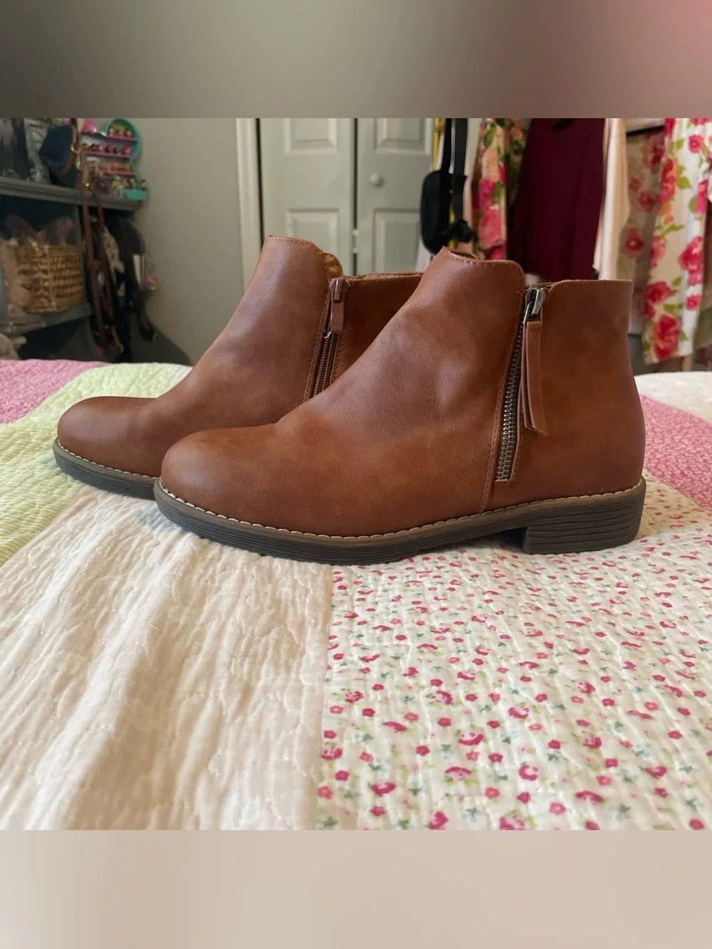 Women's Tan Faux-Leather Ankle Booties - Stylish Everyday Zip Boot